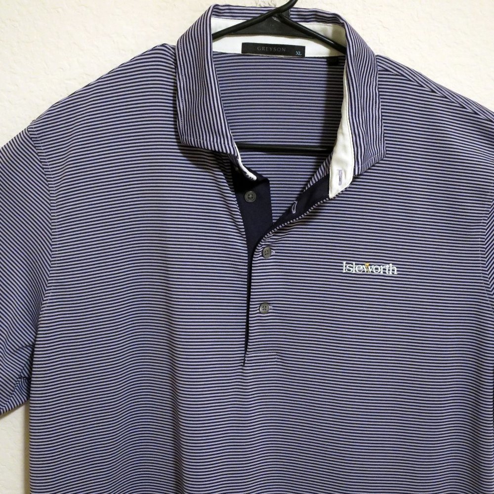 Greyson Shirt Mens XL Short Sleeve Golf Polo Dark Blue Purple Stripe Lightweight